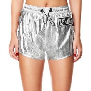 LF Shorts - METALLIC SILVER LADDER CUTOUT WINDBREAKER SHORT LF Shorts - METALLIC SILVER LADDER CUTOUT WINDBREAKER SHORT